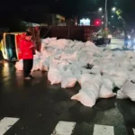 Diduga Sopir Mengantuk, Truk Bermuatan Tulang Ayam Terguling